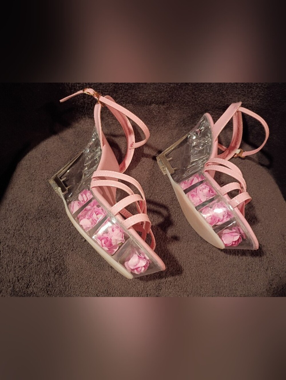 1101 Pink Floral Lucite Platform, Wedge Heels. - Picture 3 of 5